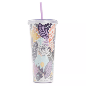 Vera Bradley 24oz tumbler features a colorful floral and leaf pattern in shades of purple, orange, and teal. It includes a clear lid and a lavender straw.
