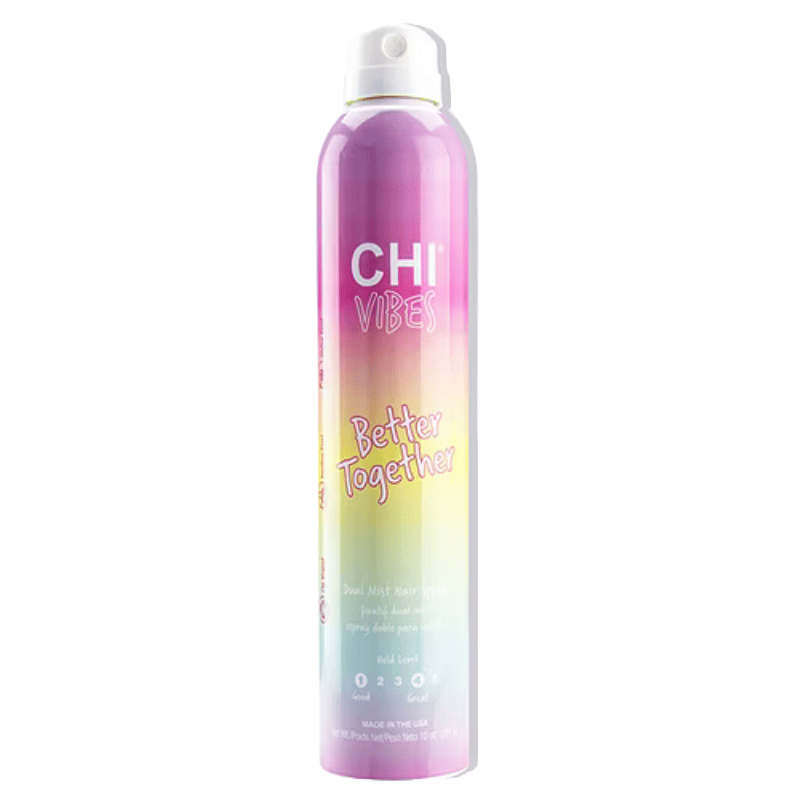 CHI Vibes Better Together Dual Mist Hair Spray in a colorful ombre can, with adjustable hold levels for styling.