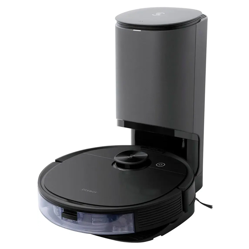 A robot vacuum cleaner with an automatic emptying dock, featuring a sleek black design labeled \“DEEBOT.\“