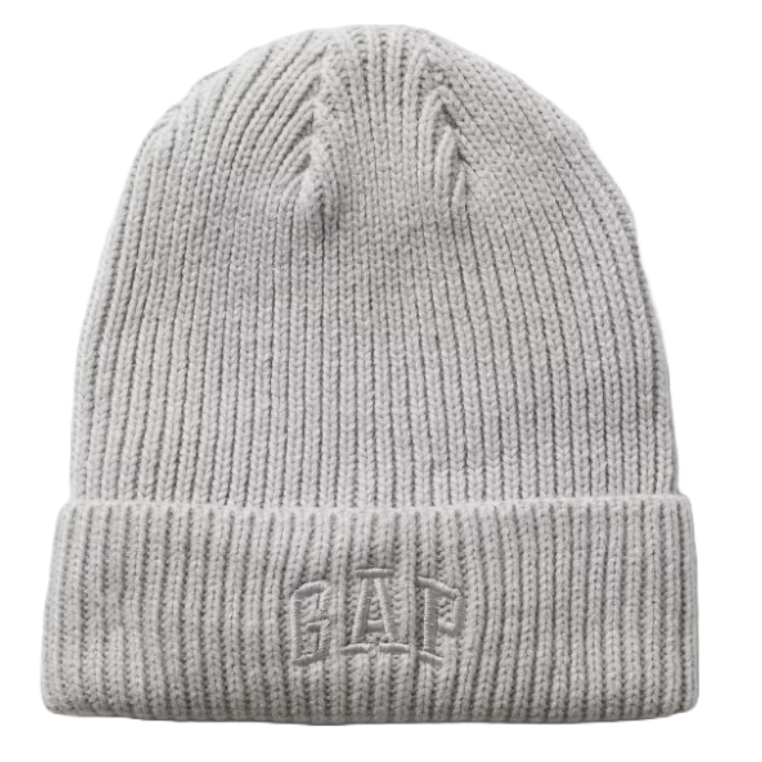 Grey ribbed knit beanie with \“GAP\“ embroidered on the front cuff.