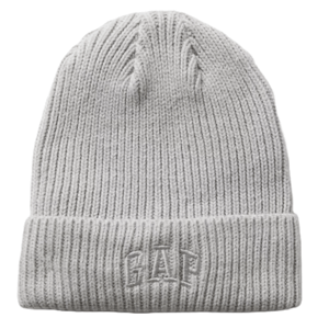 Grey ribbed knit beanie with \“GAP\“ embroidered on the front cuff.