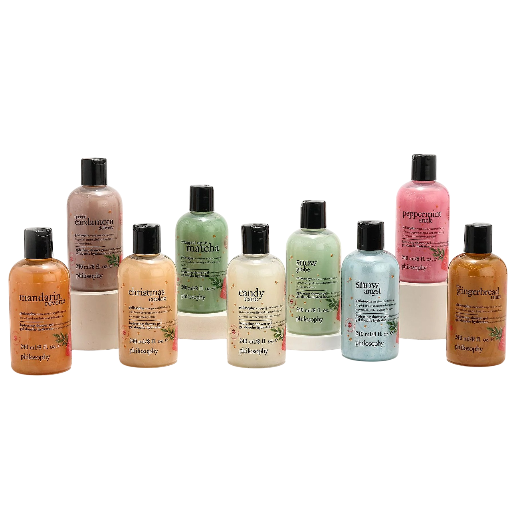 A collection of Philosophy shower gel bottles in various scents including Mandarin Reverie, Christmas Cookie, Candy Cane, Snow Globe, Snow Angel, Peppermint Stick, and others, each with 240 ml content.