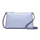 A light blue Kate Spade Kenzie Mini Crossbody bag with a long, adjustable strap, and the brand's logo on a metallic plate.