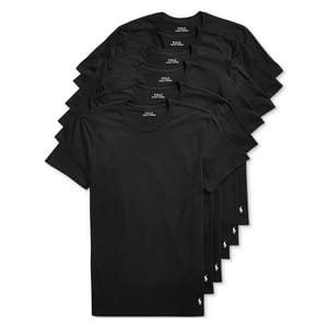 A pack of six black crew-neck T-shirts with a small logo near the hem, labeled as \“Polo Ralph Lauren\“ on the inside collar.