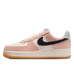 Nike Women's Air Force 1 '07 features a pink suede and cream leather upper with a black Swoosh, light grey heel tab, and a gum sole.