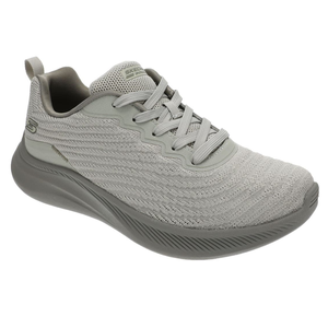 A light gray knit sneaker with a textured upper, lace-up design, and a cushioned, curved sole.