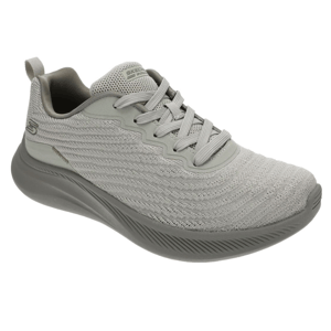 A light gray knit sneaker with a textured upper, lace-up design, and a cushioned, curved sole.