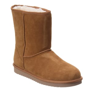 A single brown, mid-calf sheepskin boot with a plush lining.