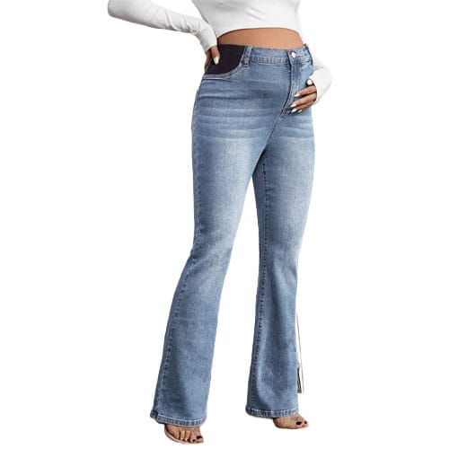 High-waisted flare jeans in light blue denim, paired with a white long-sleeve top.