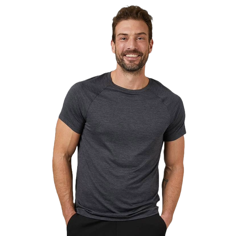 A man wearing a dark grey short-sleeved crew neck t-shirt.