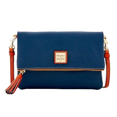 A blue Dooney & Bourke clutch bag with a flap closure, orange removable strap, and tassel detail.