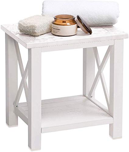White wooden shower bench with a marble-patterned top, featuring an open lower shelf and X-shaped side supports.