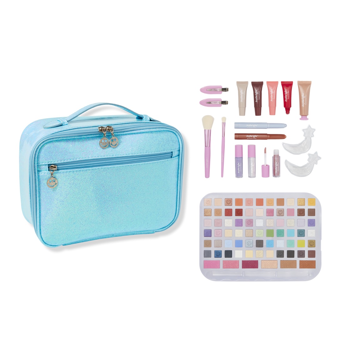 Blue cosmetics case with a range of makeup items, including a colorful eyeshadow palette, various lip glosses, and pink and purple makeup brushes.