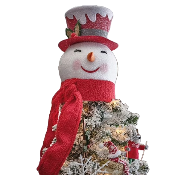 A jolly snowman head Christmas tree topper with a rosy-cheeked face, orange nose, and a wide smile. It features a festive top hat with holly and a matching red scarf, perfect for adding charm to a holiday tree.