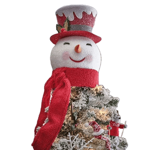 A jolly snowman head Christmas tree topper with a rosy-cheeked face, orange nose, and a wide smile. It features a festive top hat with holly and a matching red scarf, perfect for adding charm to a holiday tree.