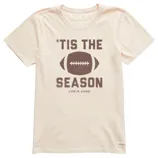 Off-white T-shirt with the text \“'Tis the Season\“ and a football graphic. The phrase \“Life is Good\“ is printed below the design.