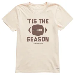 Off-white T-shirt with the text \“'Tis the Season\“ and a football graphic. The phrase \“Life is Good\“ is printed below the design.