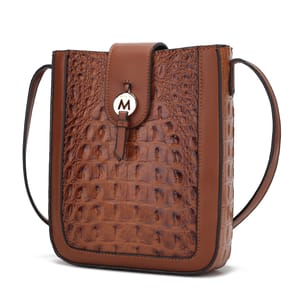 A brown leather crossbody bag with a crocodile skin texture and an \“M\“ logo on the front flap.