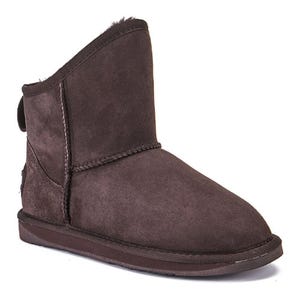A dark brown, mid-height suede boot with a rounded toe, featuring visible stitching and a wool or faux fur lining.
