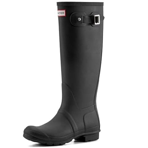 A black knee-high rubber rain boot with a buckle detail near the top and the brand name visible in red and white near the upper edge.