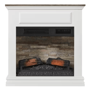 White mantel-style wooden infrared electric fireplace with a faux brick interior and realistic log set. The design features a control panel and vent at the top.