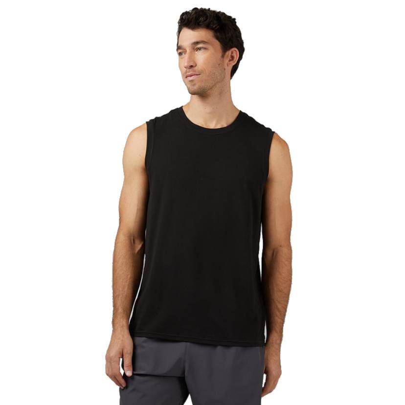 A sleeveless, relaxed-fit black tank top made from lightweight fabric, paired with gray shorts. Ideal for casual or athletic wear.