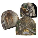 Three camo-print beanies featuring woodland patterns with branches and leaves, designed for outdoor and hunting activities.