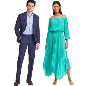 A man wears a navy blue plaid suit with a light blue shirt and brown shoes, while a woman dons a turquoise off-the-shoulder pleated dress, with gold earrings and strappy sandals.