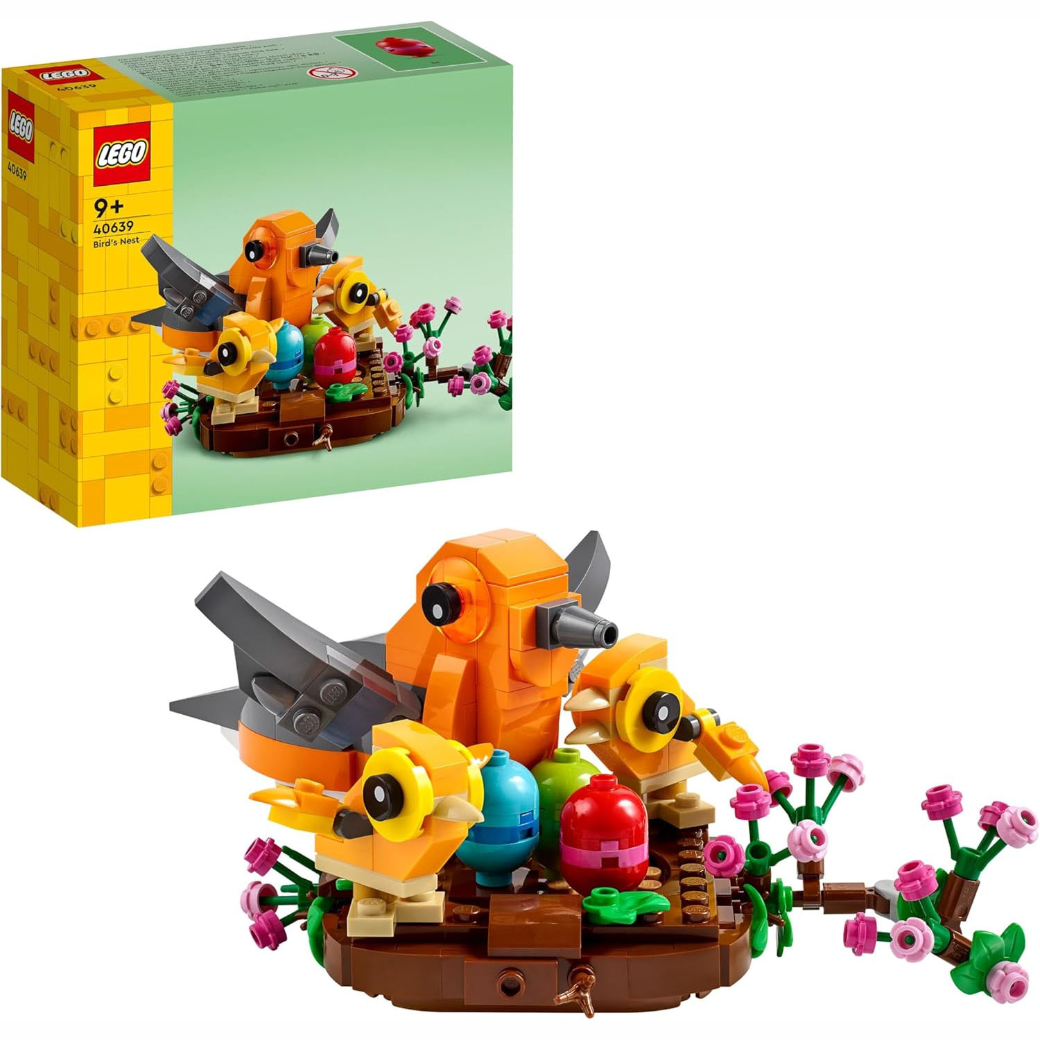 LEGO Bird's Nest Set 40639 features a colorful nest scene with a large orange bird, two smaller yellow birds, and vibrant eggs surrounded by branches with pink flowers. Suitable for ages 9 and up.