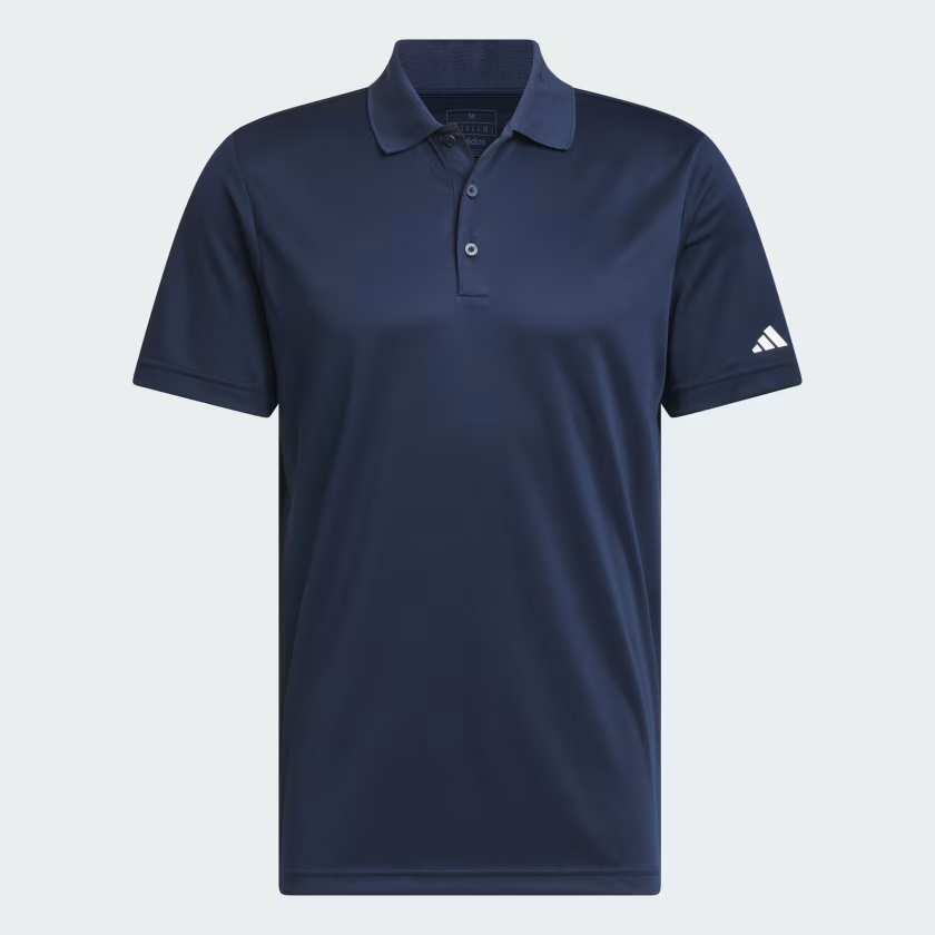 Navy blue polo shirt with a collar, short sleeves, and an Adidas logo on the right sleeve.