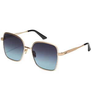 Gold-framed sunglasses with large square lenses featuring a blue gradient and thin black temple tips.