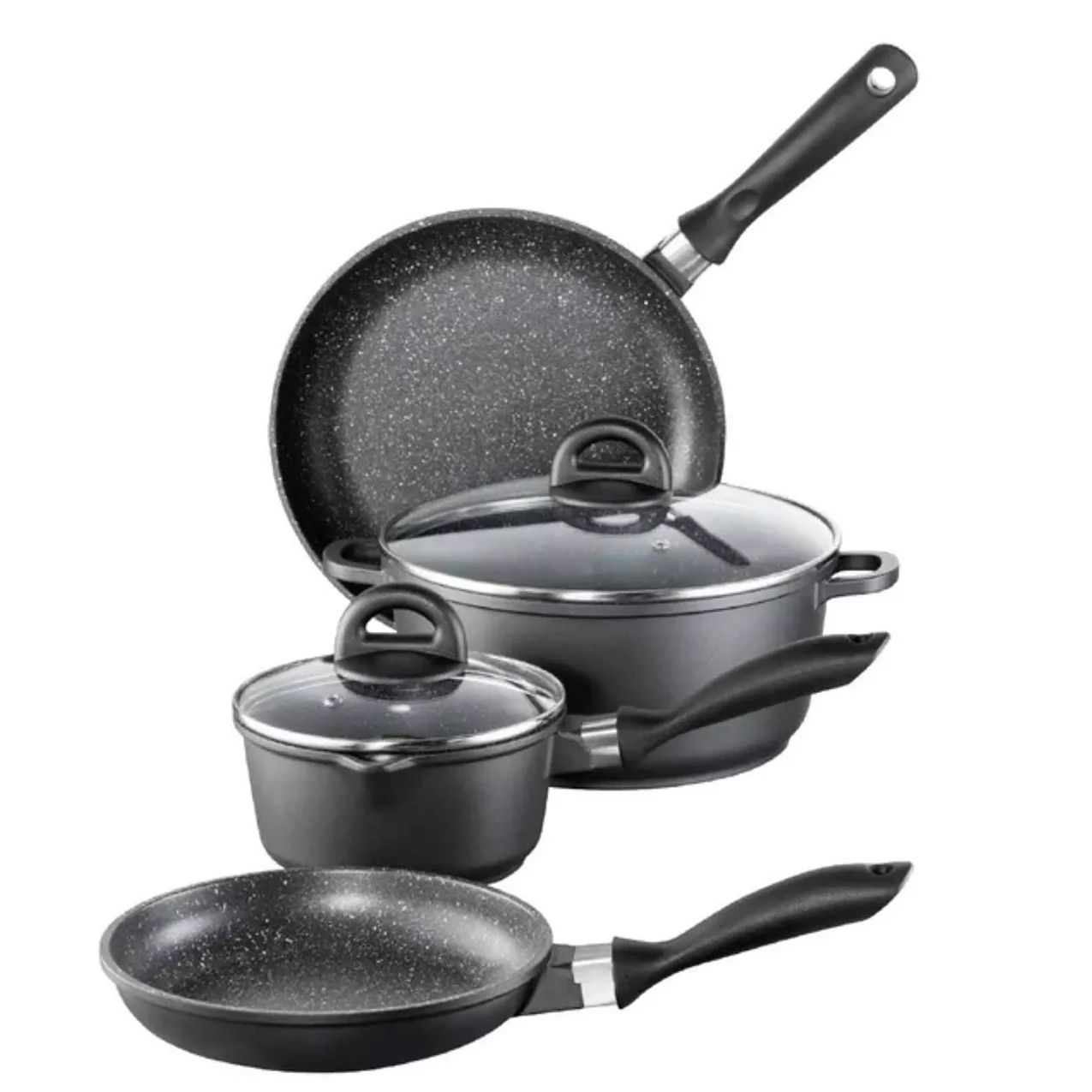 Cookware set with two frying pans, two pots with lids, and a saucepan. All have a speckled non-stick coating and black handles.