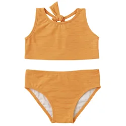Yellow two-piece swimsuit with a sleeveless crop top featuring a bow at the neck and matching high-waisted bottoms.