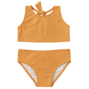 Yellow two-piece swimsuit with a sleeveless crop top featuring a bow at the neck and matching high-waisted bottoms.