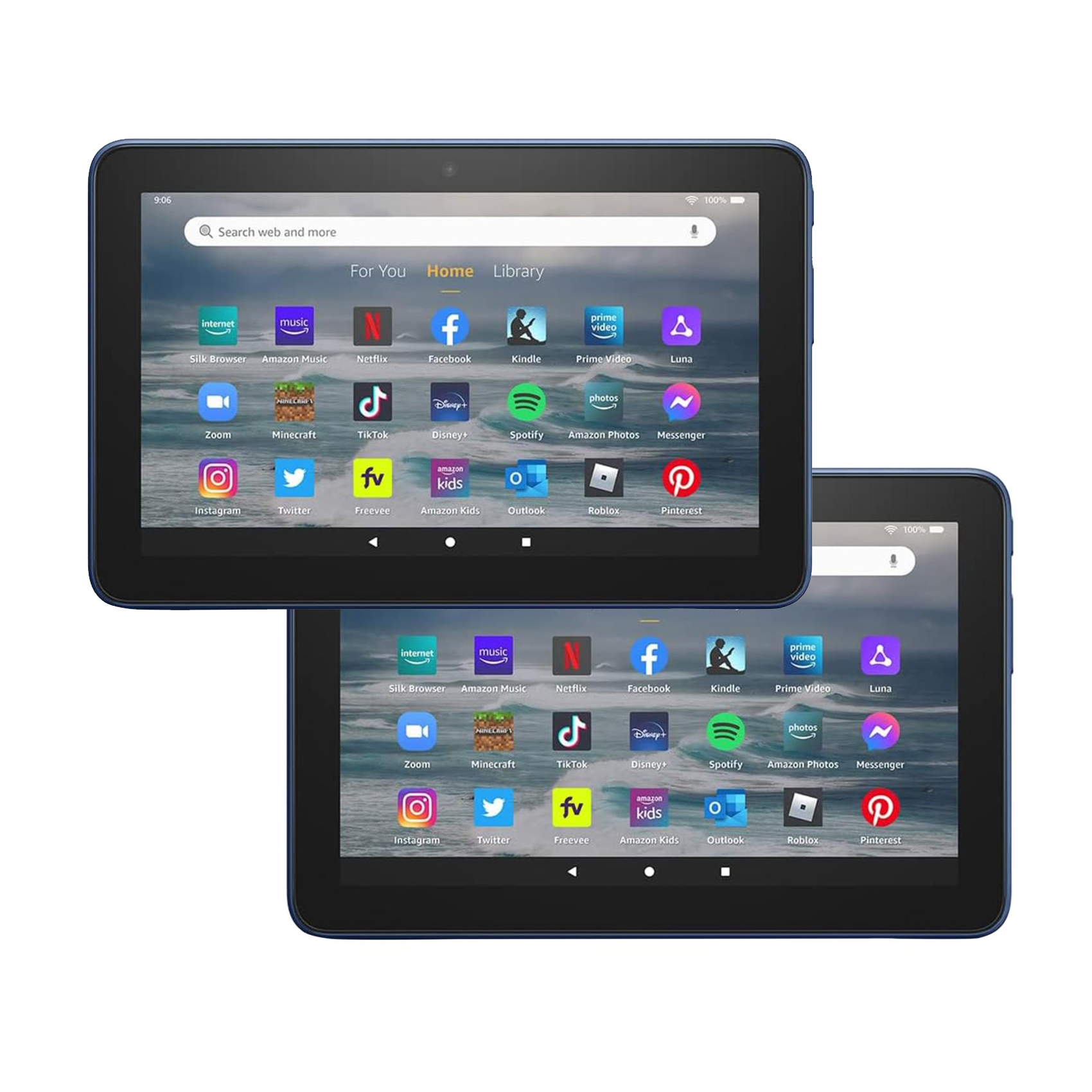 Two Amazon Fire 7\“ Tablets are shown, each displaying various app icons on their screens, including Netflix, Facebook, TikTok, and Kindle. They are black with a simple, user-friendly interface.