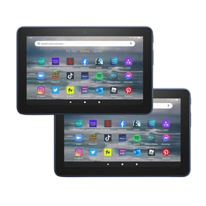 Two Amazon Fire 7\“ Tablets are shown, each displaying various app icons on their screens, including Netflix, Facebook, TikTok, and Kindle. They are black with a simple, user-friendly interface.