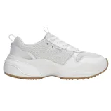 A white athletic sneaker features a mesh upper with leather overlays, a chunky sole with textured detailing, and a tan rubber outsole.