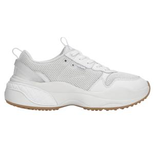 A white athletic sneaker features a mesh upper with leather overlays, a chunky sole with textured detailing, and a tan rubber outsole.