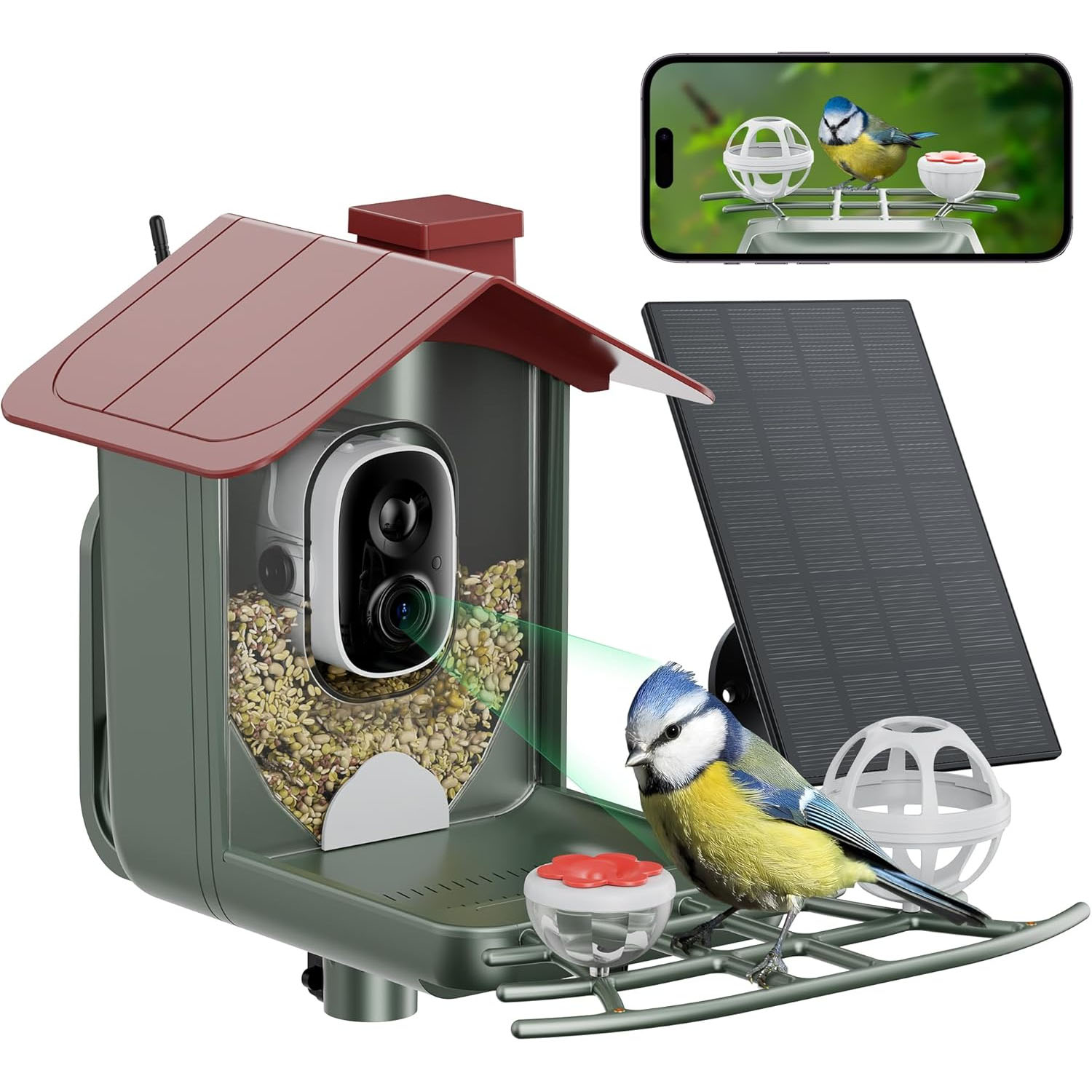 Solar Camera Bird Feeder includes a camera set in a small green and red-roofed feeder, with a solar panel attached. A bird is visible near the feeding area, and an app display shows a bird's live view on a smartphone screen.
