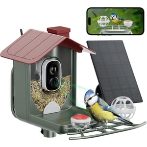 Solar Camera Bird Feeder includes a camera set in a small green and red-roofed feeder, with a solar panel attached. A bird is visible near the feeding area, and an app display shows a bird's live view on a smartphone screen.
