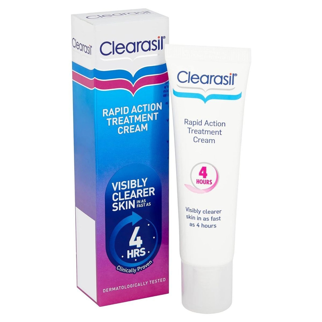 Clearasil Rapid Action Treatment Cream with box, claims visibly clearer skin in 4 hours.