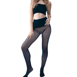 A person is wearing sheer black pantyhose paired with a high-waisted black bandeau top.