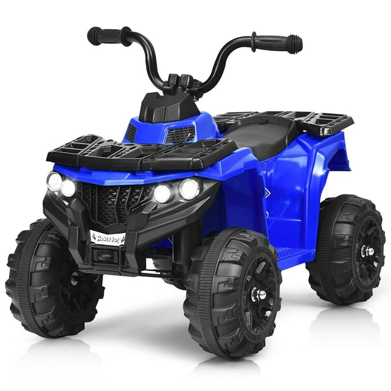 Blue kids' ride-on ATV with four large black wheels and handlebars, featuring twin headlights and a rugged design.