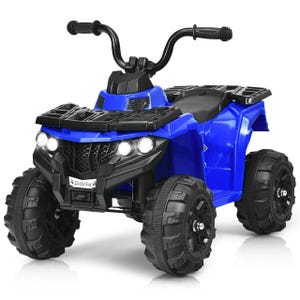 Blue kids' ride-on ATV with four large black wheels and handlebars, featuring twin headlights and a rugged design.