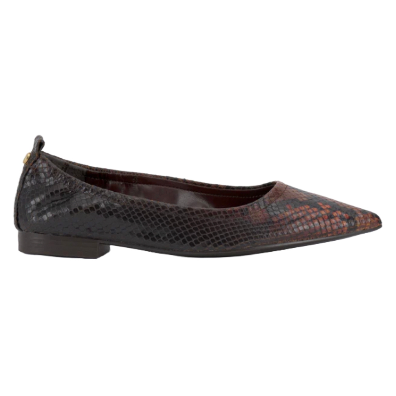 A pointed toe flat shoe with a black and brown snake-print pattern and a low heel.