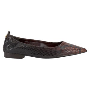 A pointed toe flat shoe with a black and brown snake-print pattern and a low heel.