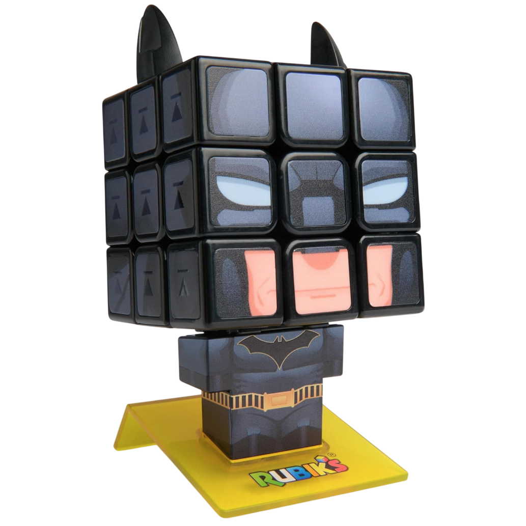 A Rubik's Cube designed in the style of a superhero, featuring a stand with distinct character details and a logo.