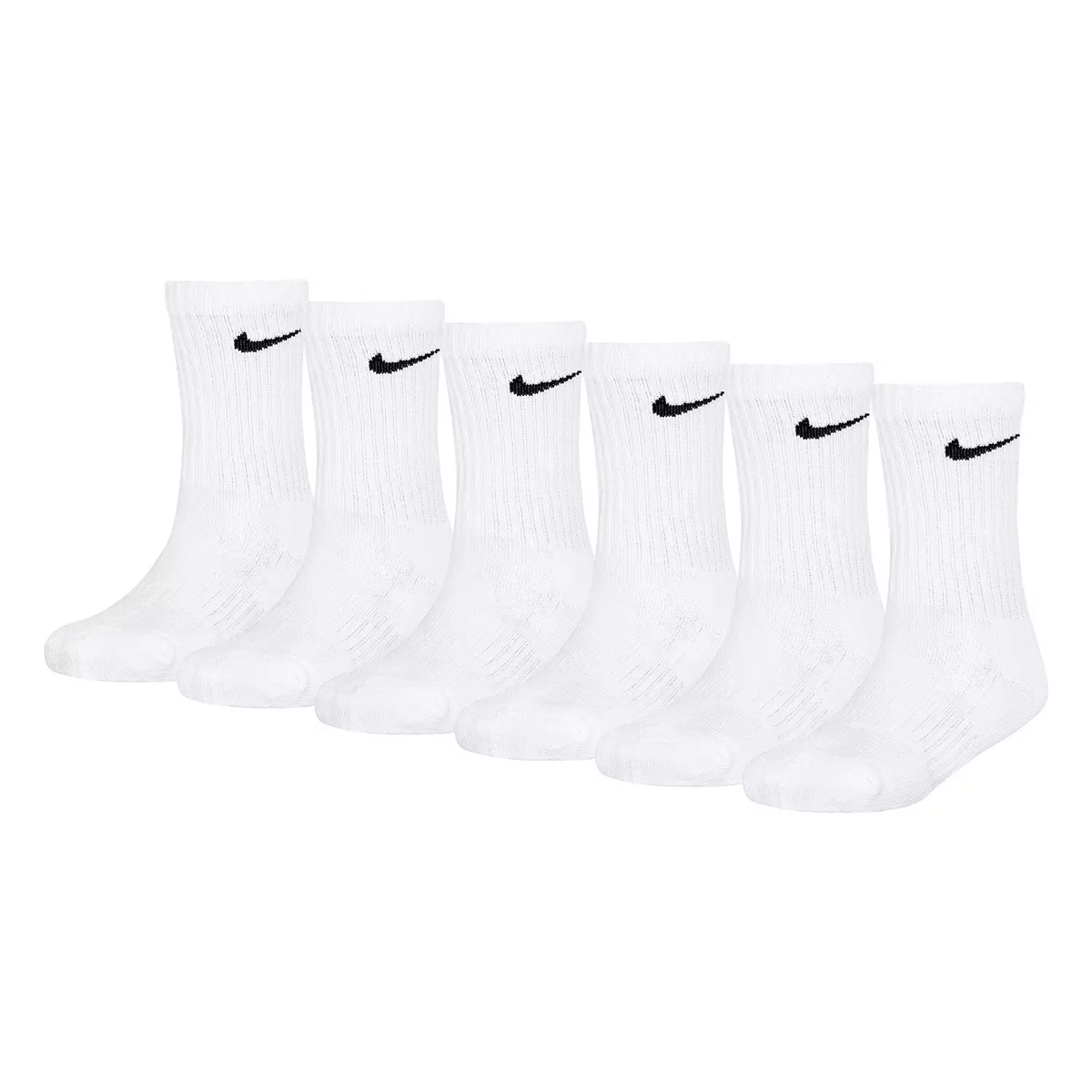 Set of six white crew socks with the Nike logo in black. Designed for kids with Dri-Fit technology, they offer comfort and moisture control.