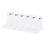 Set of six white crew socks with the Nike logo in black. Designed for kids with Dri-Fit technology, they offer comfort and moisture control.