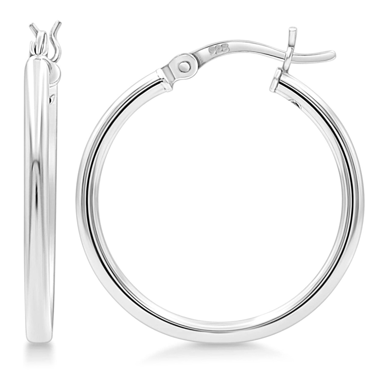 A pair of polished silver hoop earrings with a latch-back closure, featuring a smooth, shiny finish.